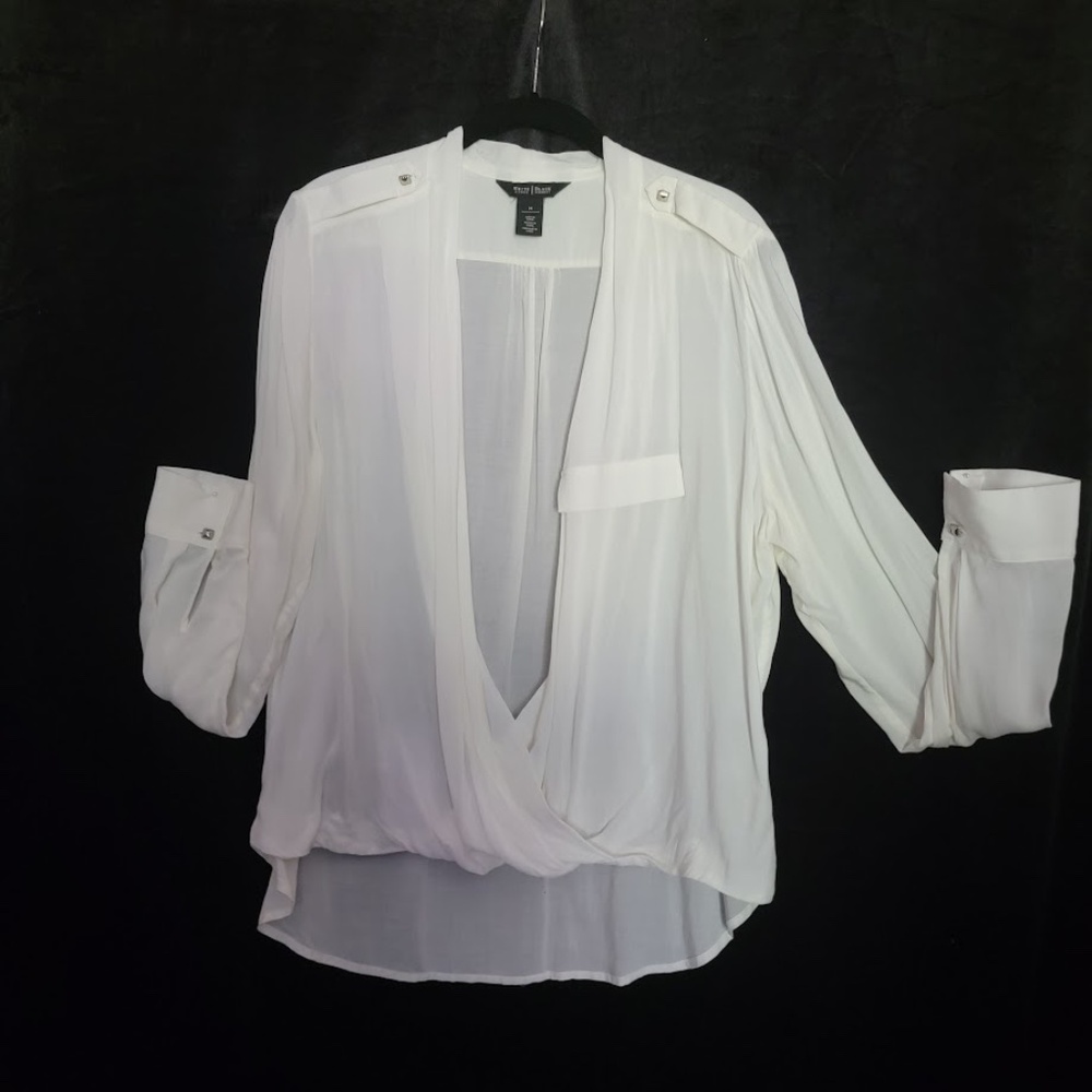 WHBM White Long Sleeve Surplice Wrap Collar with Epaulet Detail  - Size 14